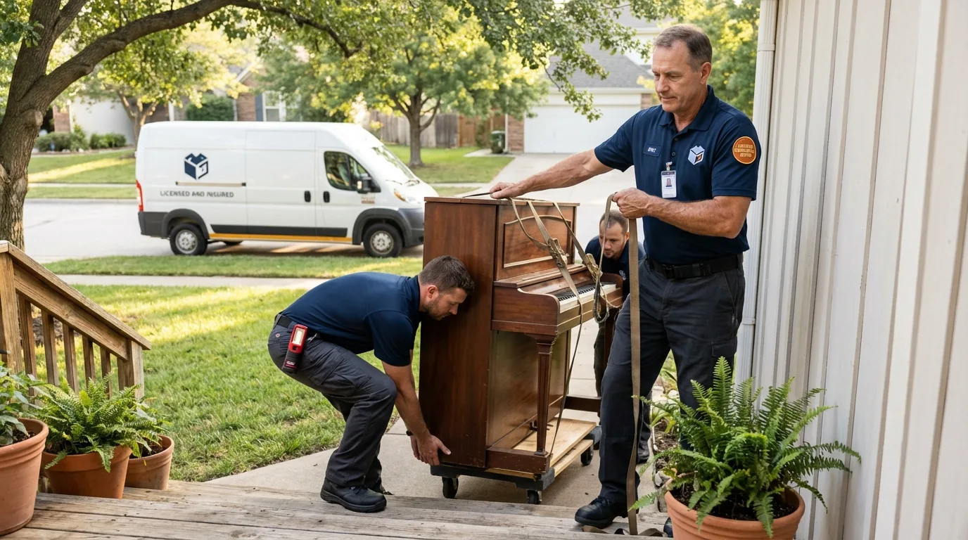 Licensed piano movers securing grand piano in Crockett, CA