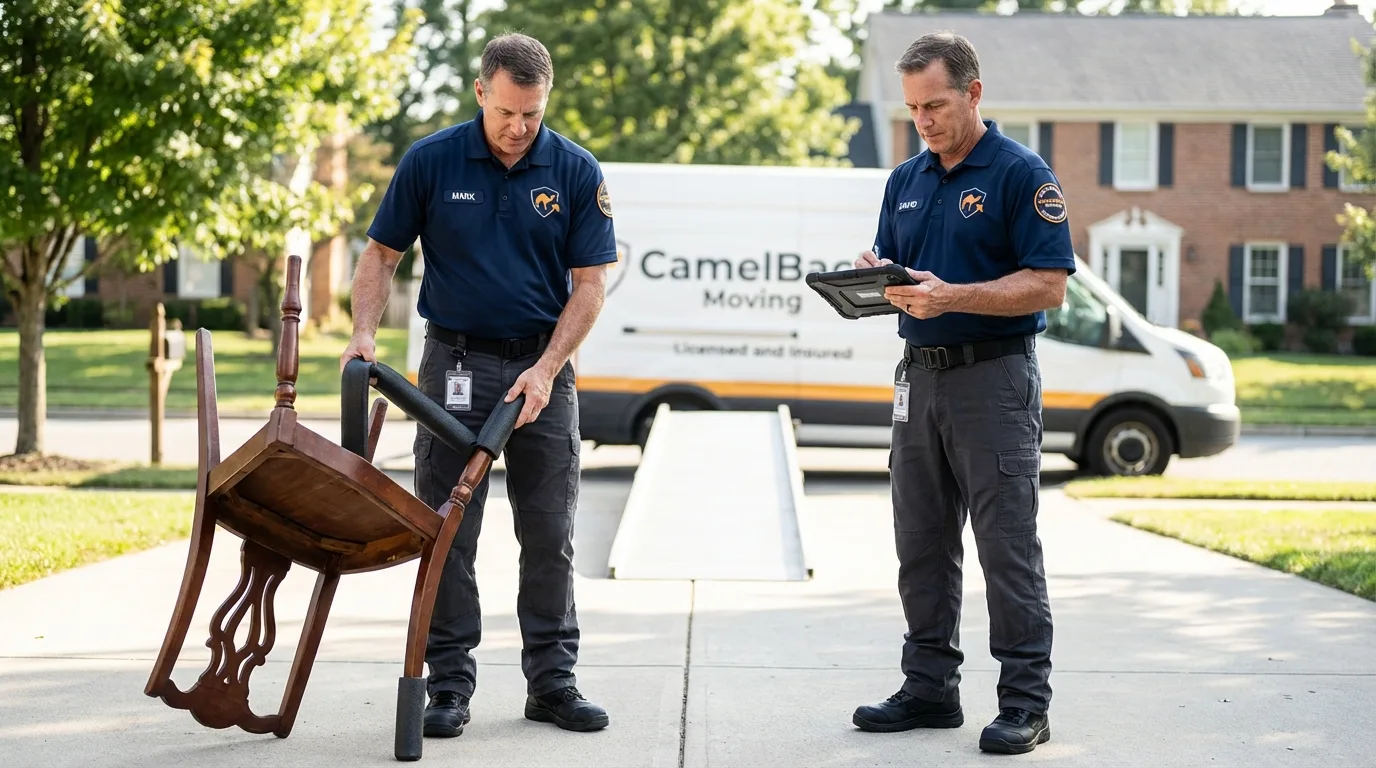 Movers inspecting furniture for damage prevention before loading in Crockett, CA
