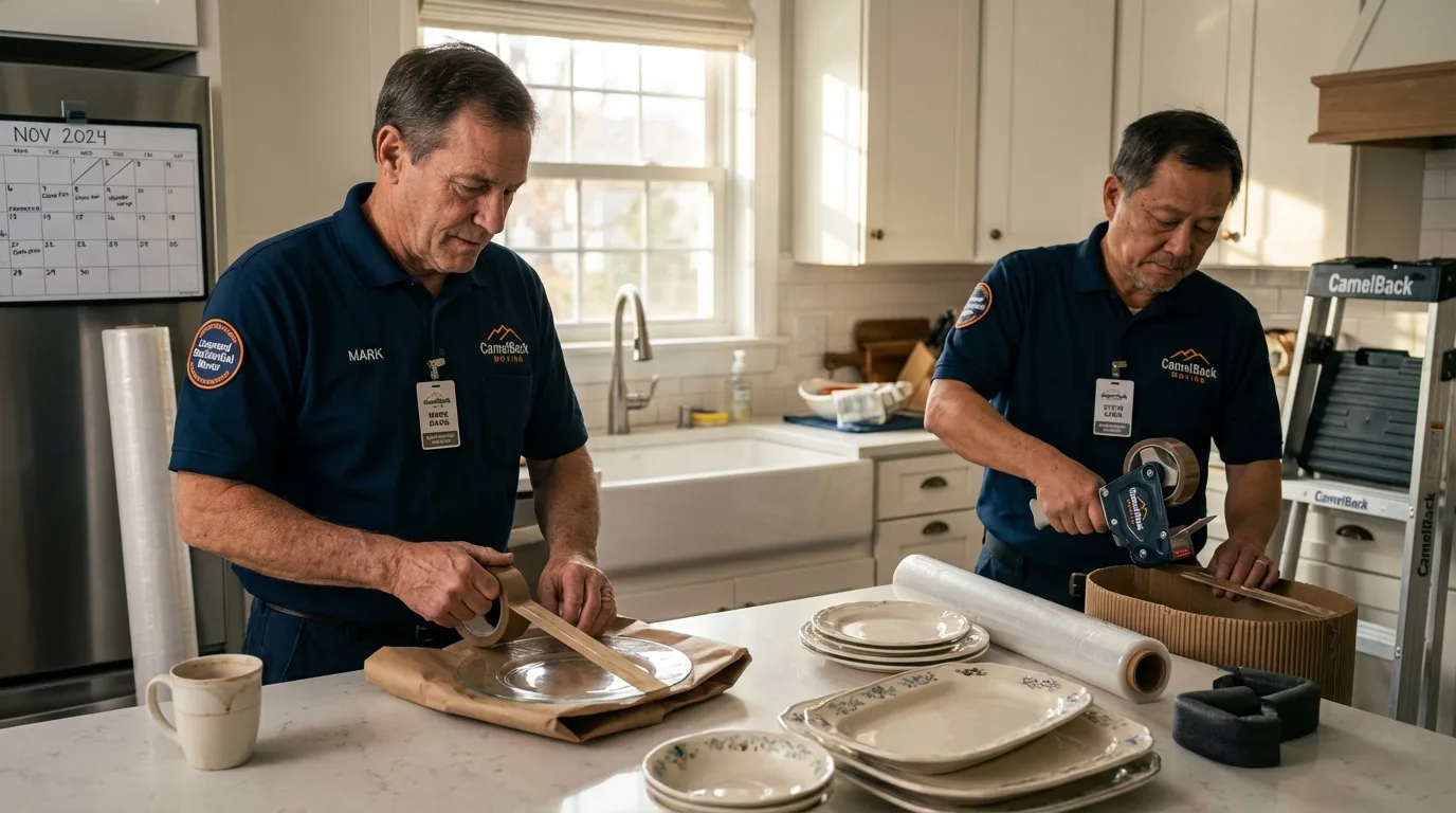 Professional crew packing kitchen dishware in Crockett, CA